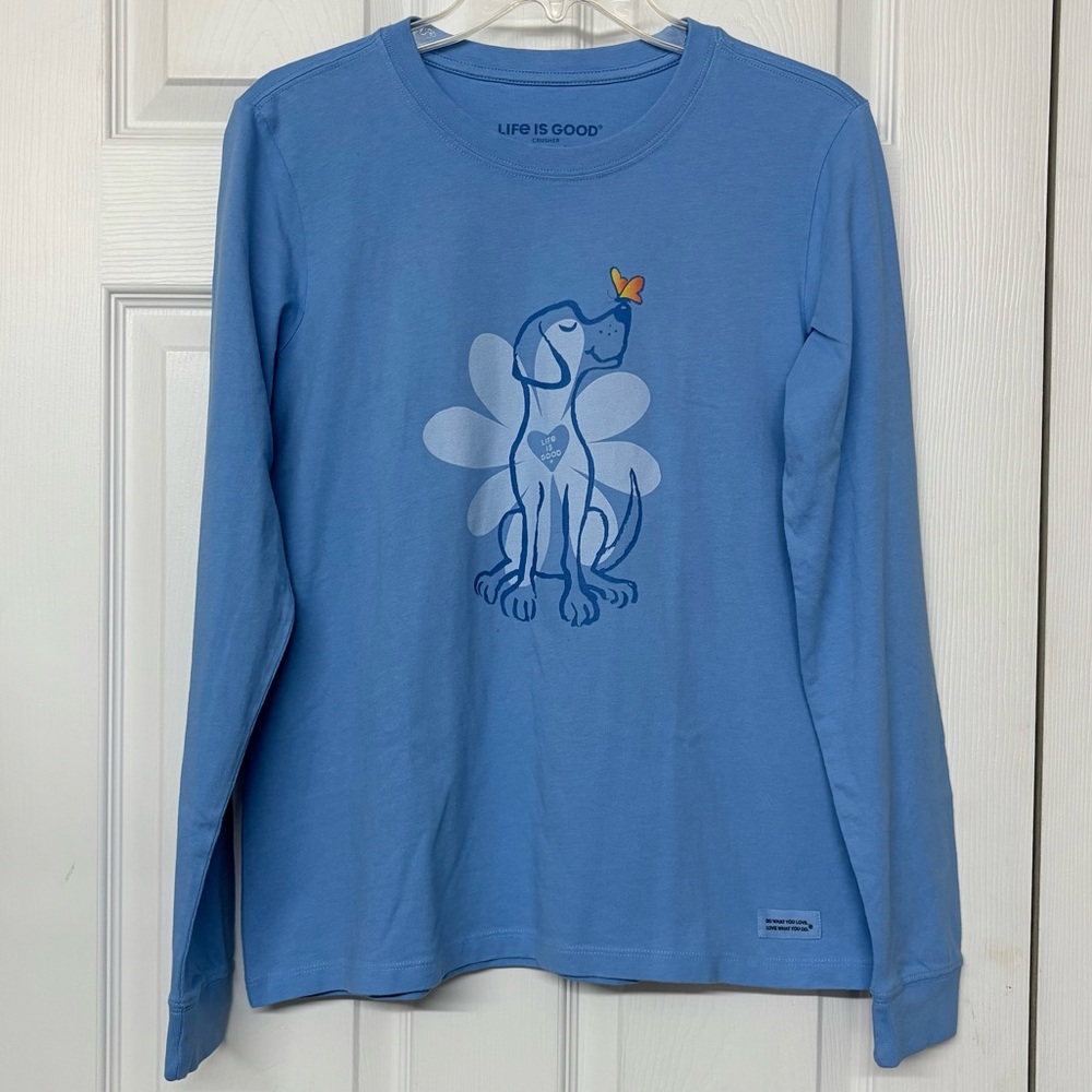 Life Is Good Dog With Butterfly Long Sleeve Crusher Tee Sz M